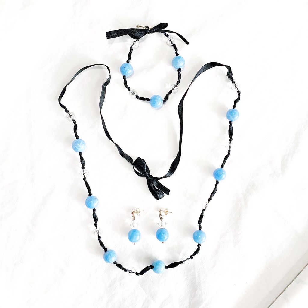 Blue Stone Beaded Satin Ribbon Jewelry Set